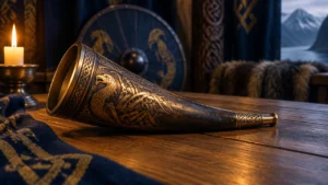 Bronze drinking horn on an oak table