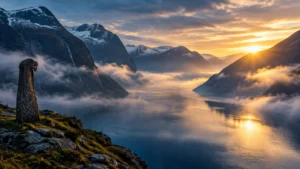 Mist over a fjord at dawn